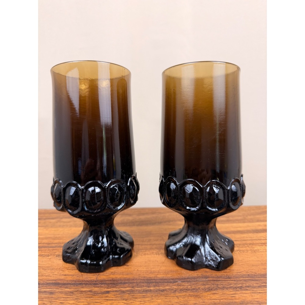 Tiffin Franciscan Madeira Amber Brown Glass Goblets MCM Footed Water Set of 2
